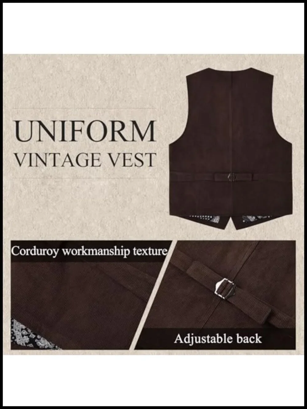 Men's Corduroy Vest Vintage Buttons 4 Pockets Adjustable Back Strap